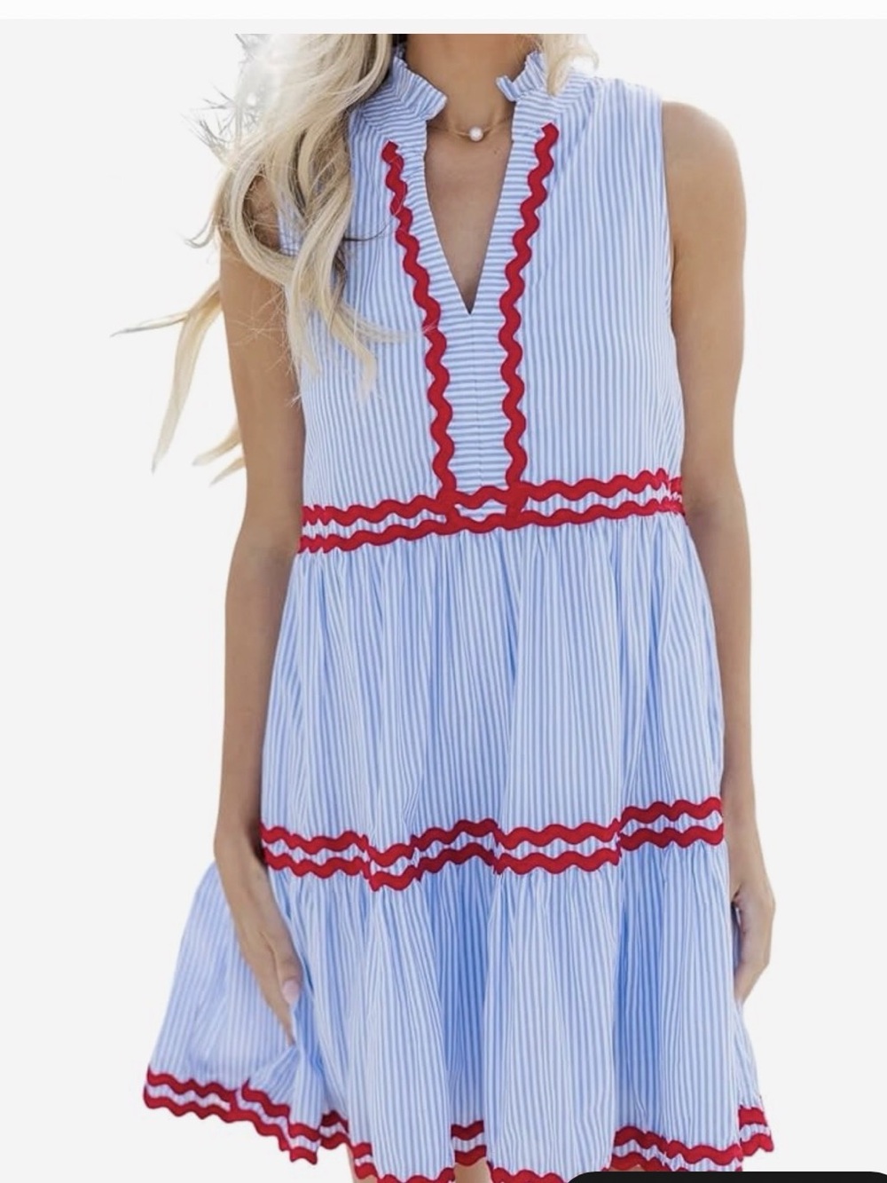 Striped Blue and White Mini Dress with Red Trim